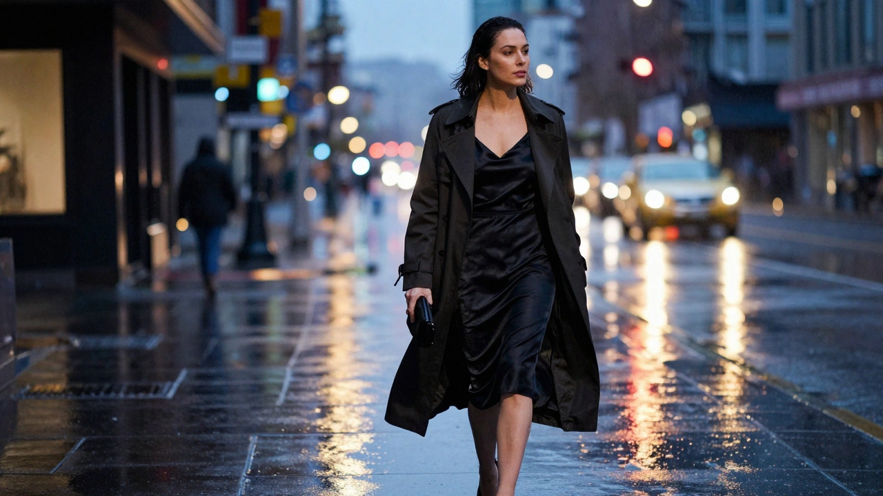 A woman in a black silk dress and trench coat walking through a rainy city evening.