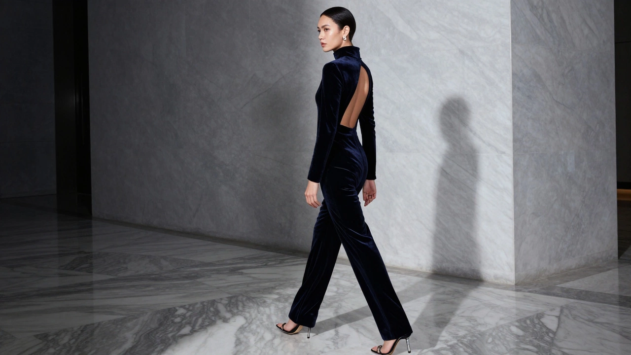 A woman in a velvet jumpsuit with open back, walking confidently in formal foyer lighting.