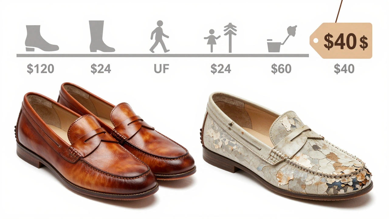 Aging Hush Puppies loafers: one developing rich patina, the other cracking and peeling, symbolizing long-term value difference.