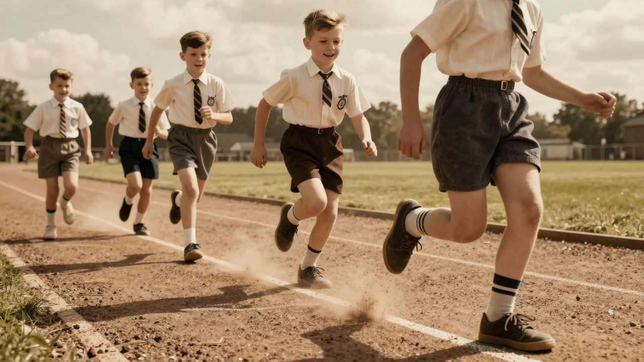 Children in 1950s British school uniforms running in simple rubber-soled trainers on a gravel track.