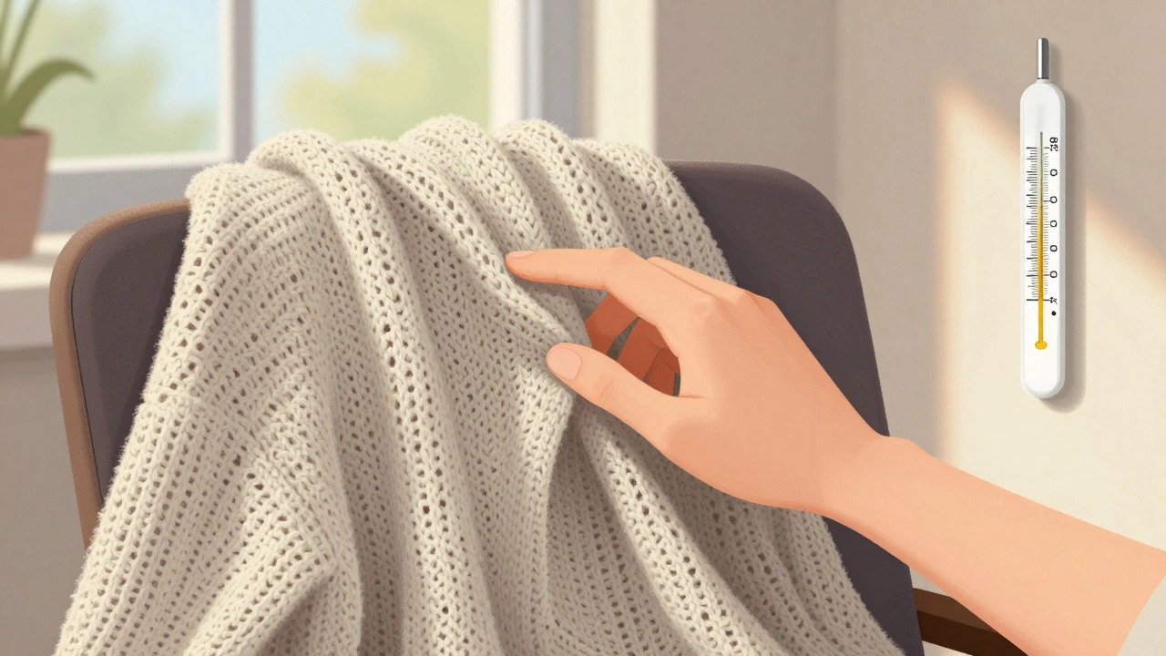 Close-up of a breathable merino wool sweater with sunlight highlighting its knit texture beside dual temperature readings.