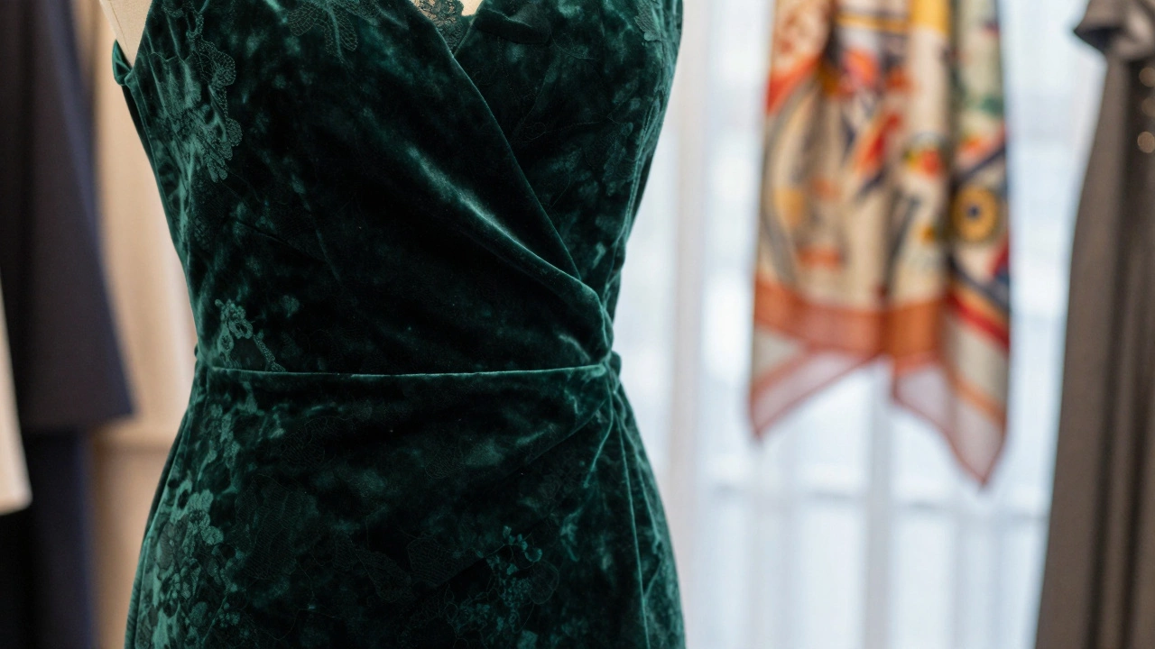 Close-up of an emerald velvet evening dress with delicate lace overlay and ruched seam.
