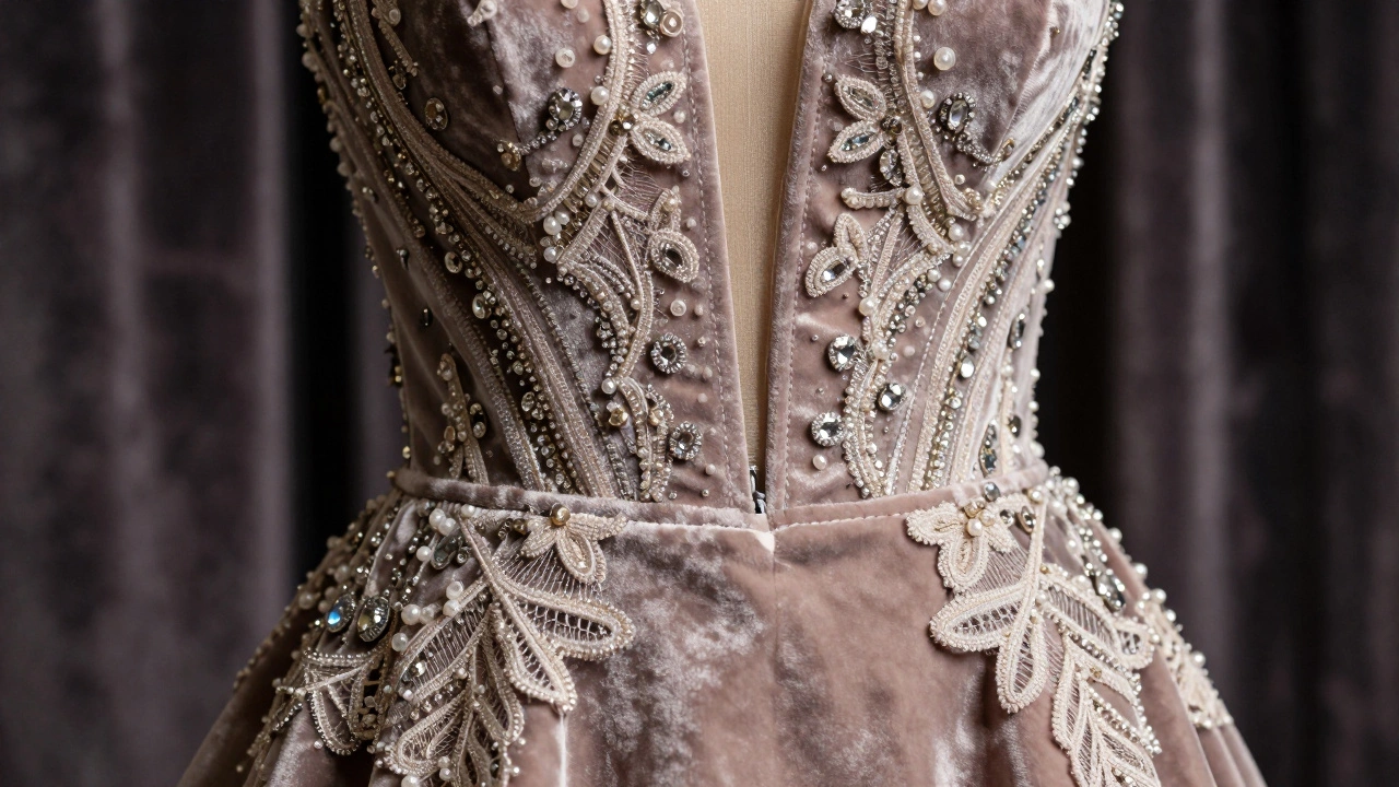 Close-up of an evening dress with hand-sewn crystals, lace appliqués, and structured boning.