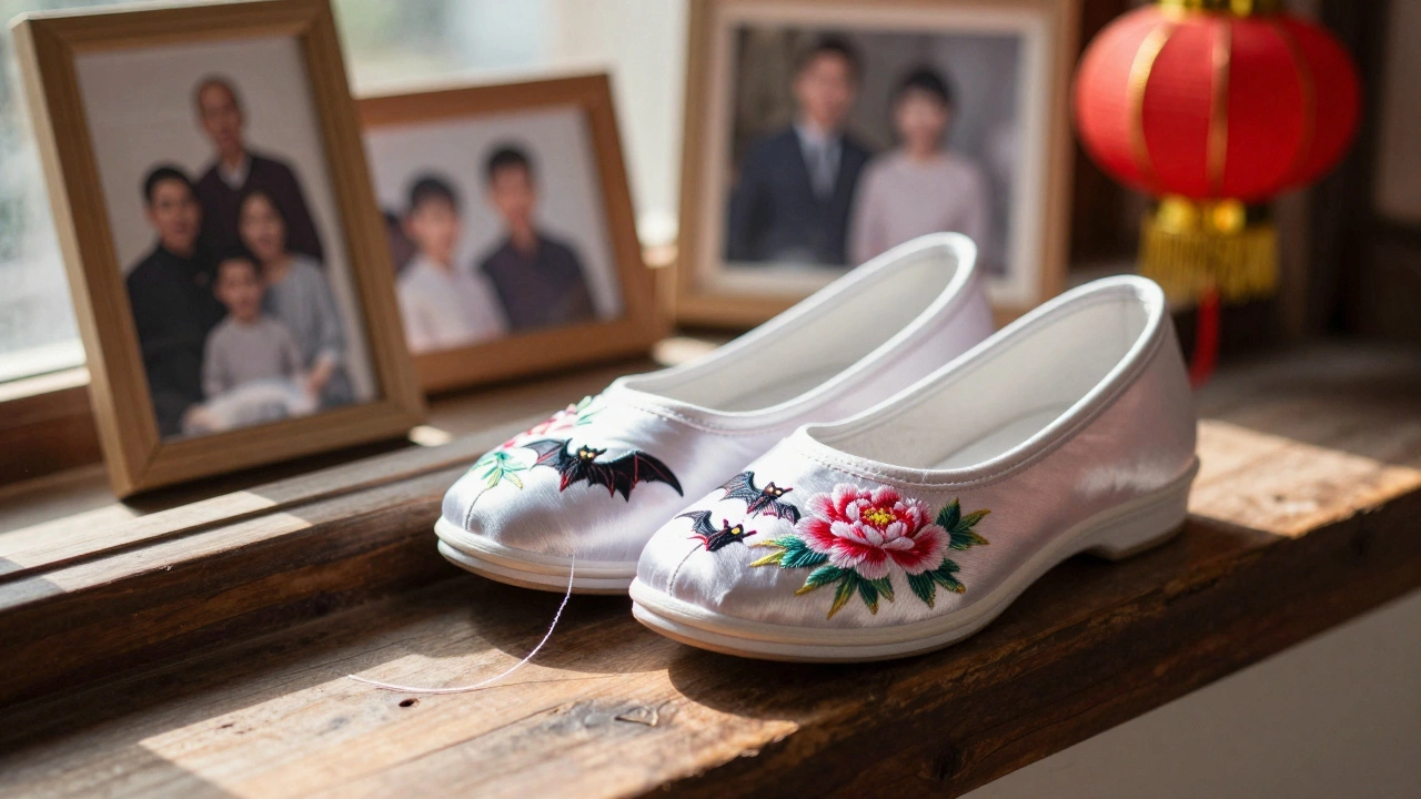 Close-up of hand-embroidered silk slippers with bats and peonies, sunlight on silk, wooden sill.