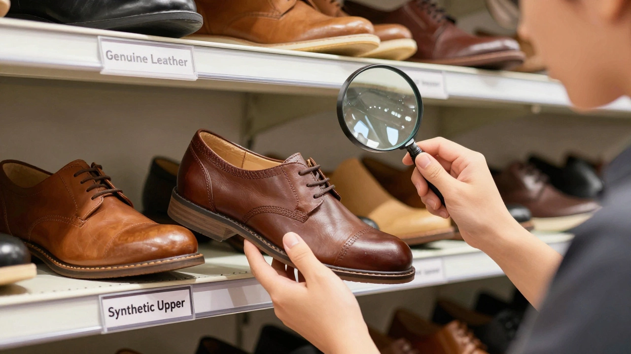 Consumer examining Hush Puppies shoe edge in store, comparing leather layers to synthetic seam under store lighting.