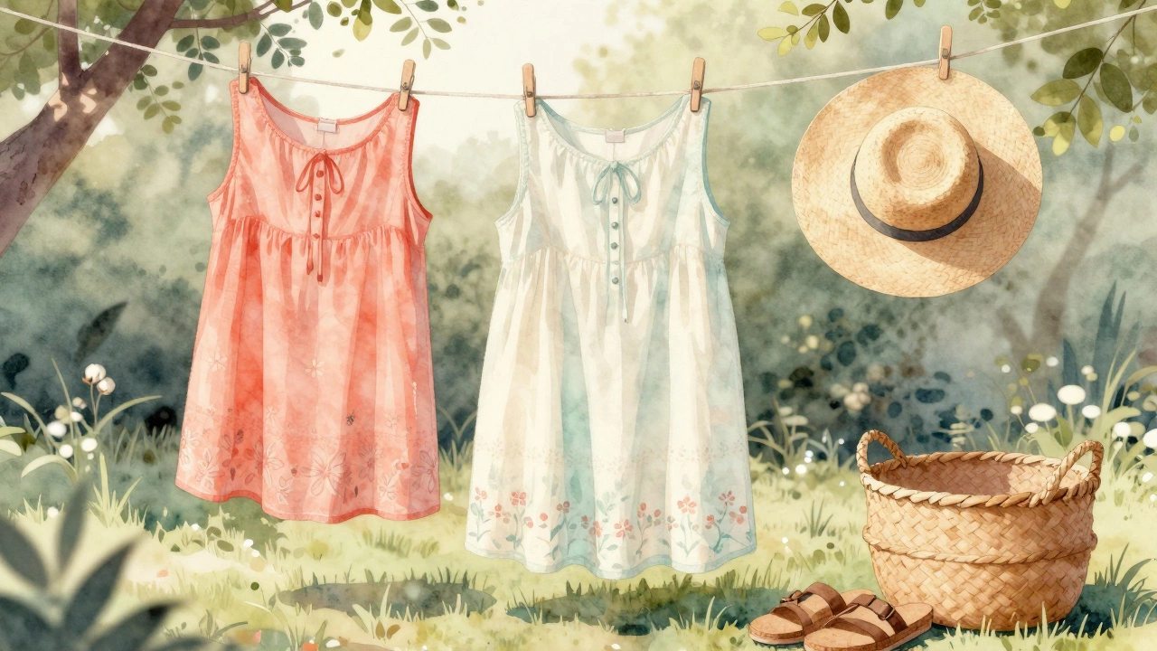 Cotton voile shift dress hanging on a clothesline with hat and sandals nearby in soft sunlight.