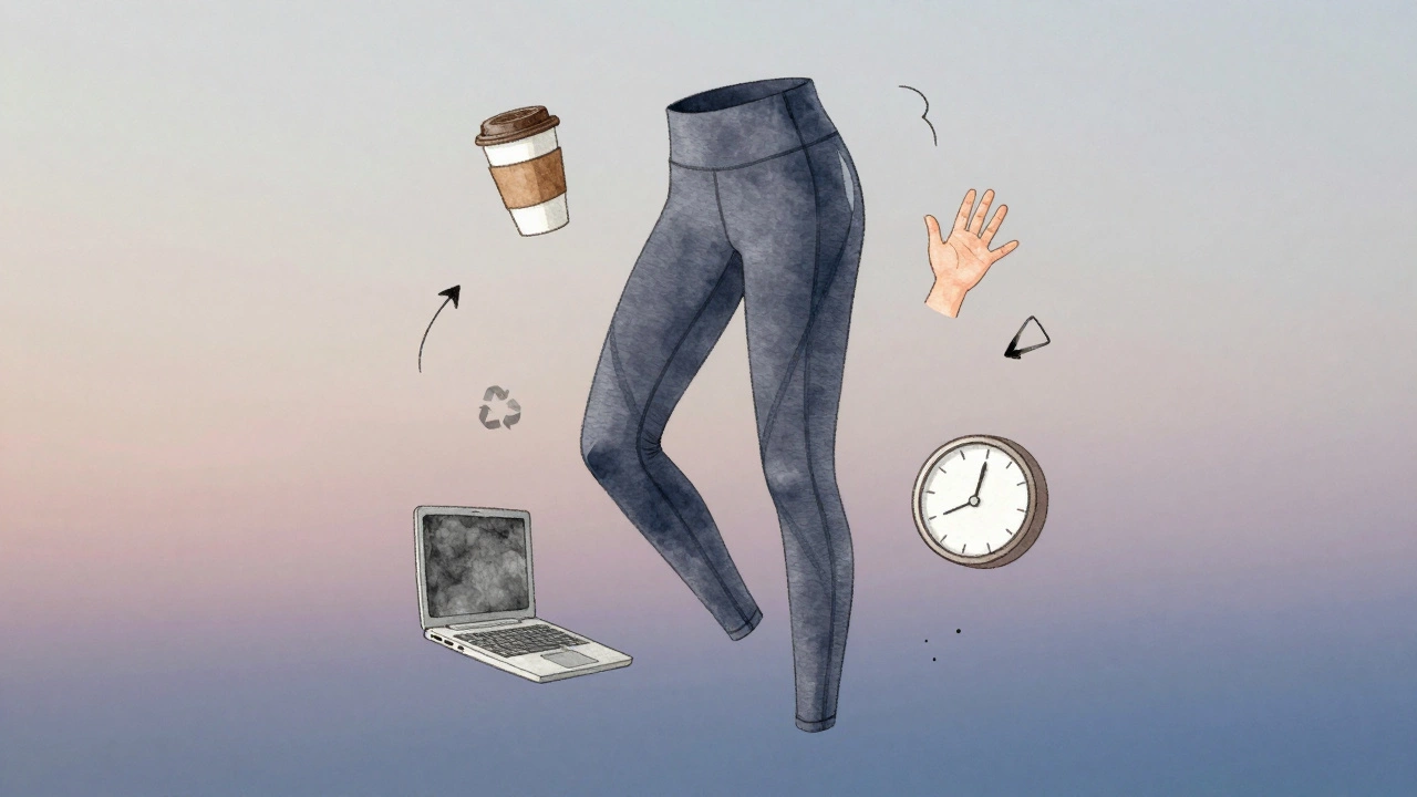 Floating leggings surrounded by symbols of daily life, sustainability, and time.