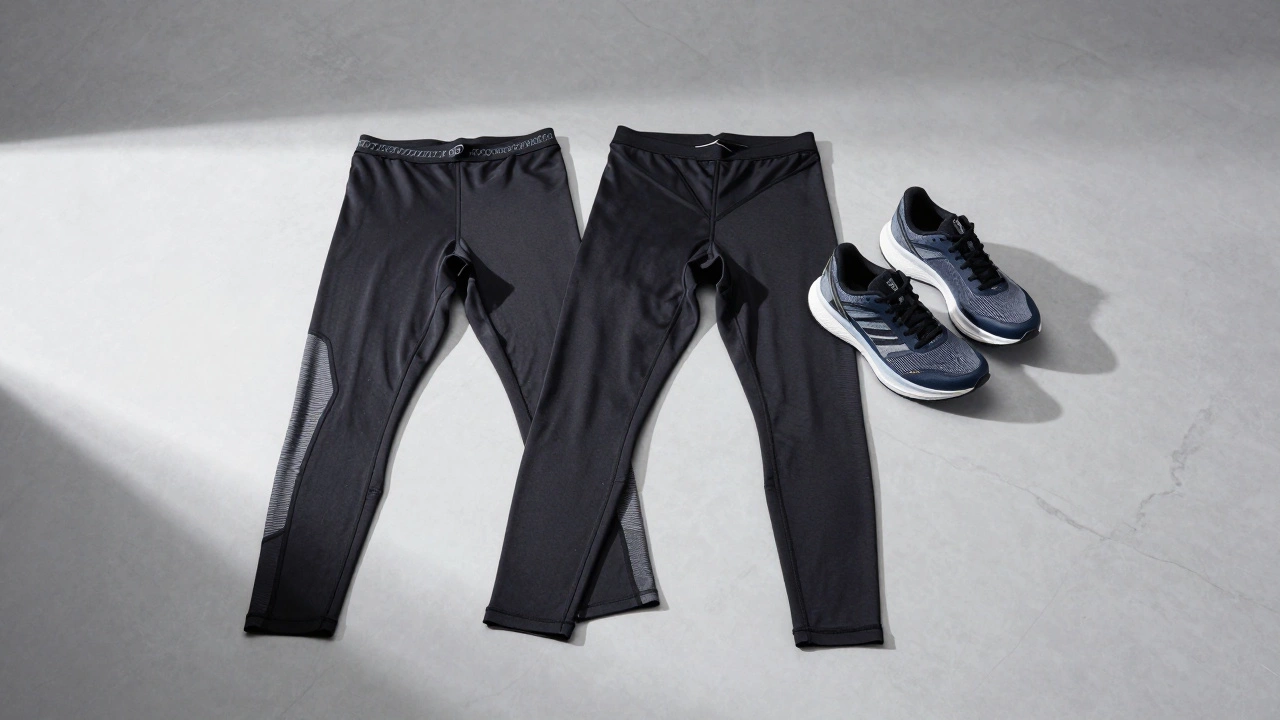 High-performance sportswear arranged on marble with visible technical details.