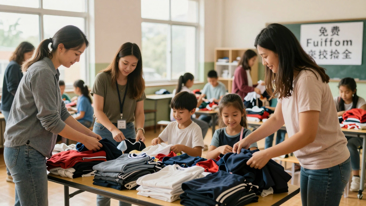 Parents and children exchanging gently used school uniforms at a community event.
