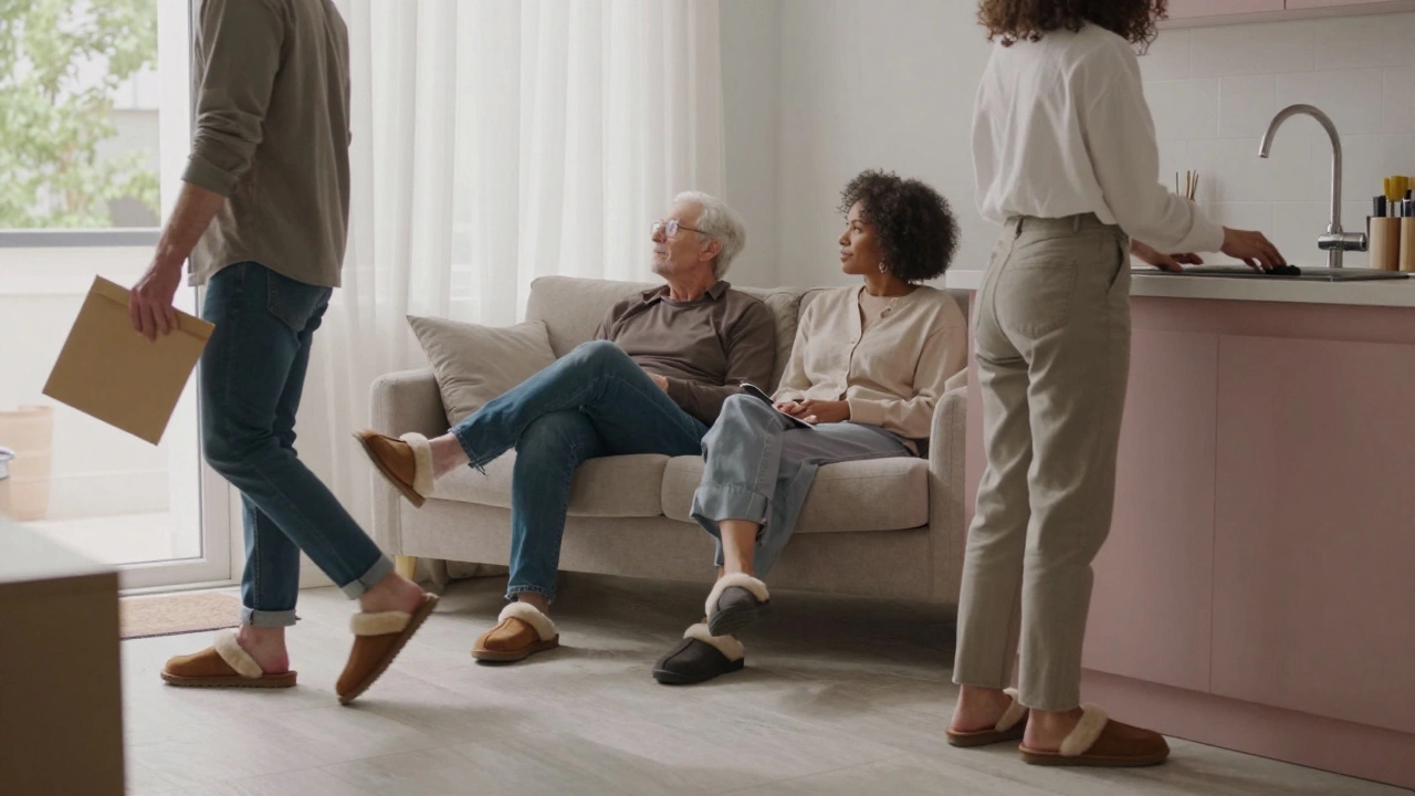 People wearing UGG slippers in various home settings, stepping outside and relaxing comfortably.