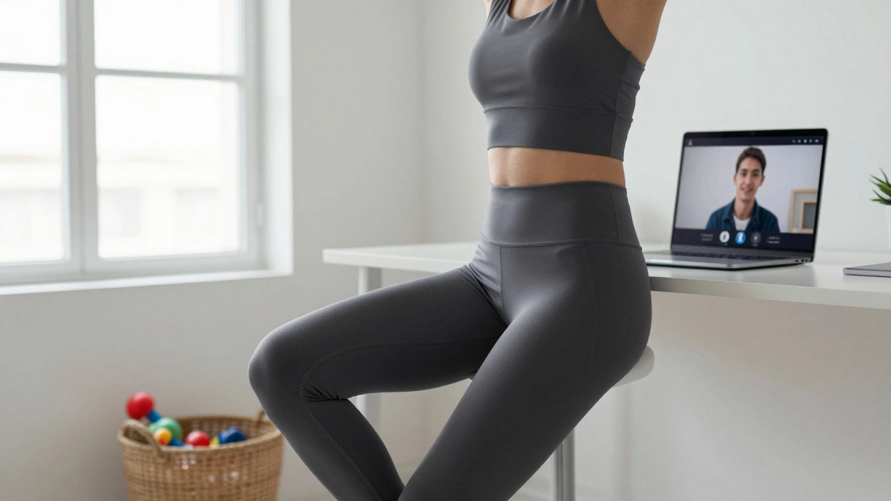 Person working from home in sleek activewear with blurred Zoom call on laptop.