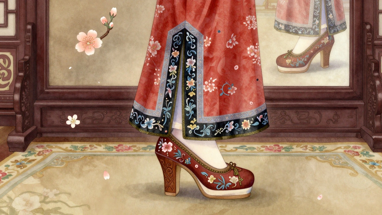 Qing Dynasty woman in elegant embroidered wooden-heeled slippers, flowing robe, palace setting.