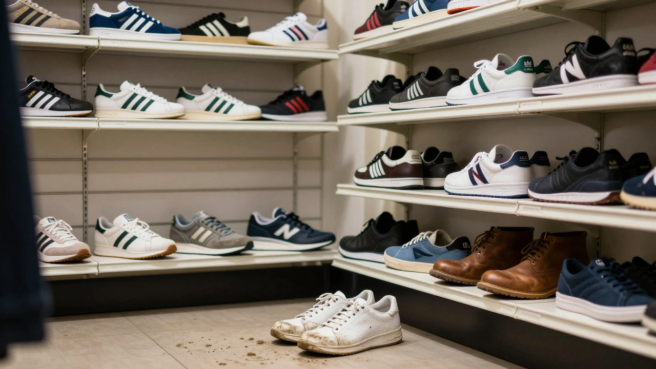 Shelves of classic British trainer brands like Adidas, New Balance, and Clarks in a quiet shoe store.
