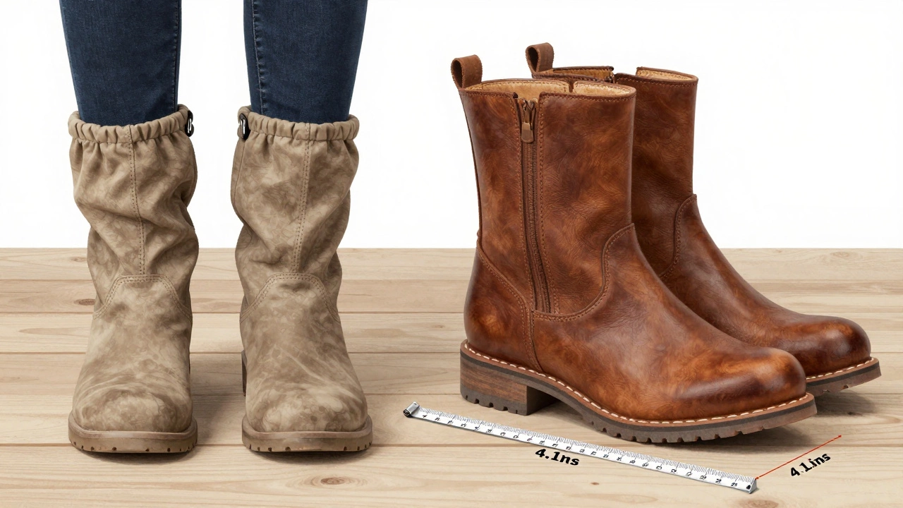 Side-by-side comparison of narrow boot vs Thursday Boots Explorer, highlighting width difference with measuring tape.