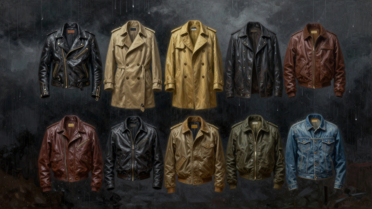 Six timeless jackets floating in a dark, stormy backdrop, glowing with golden light.
