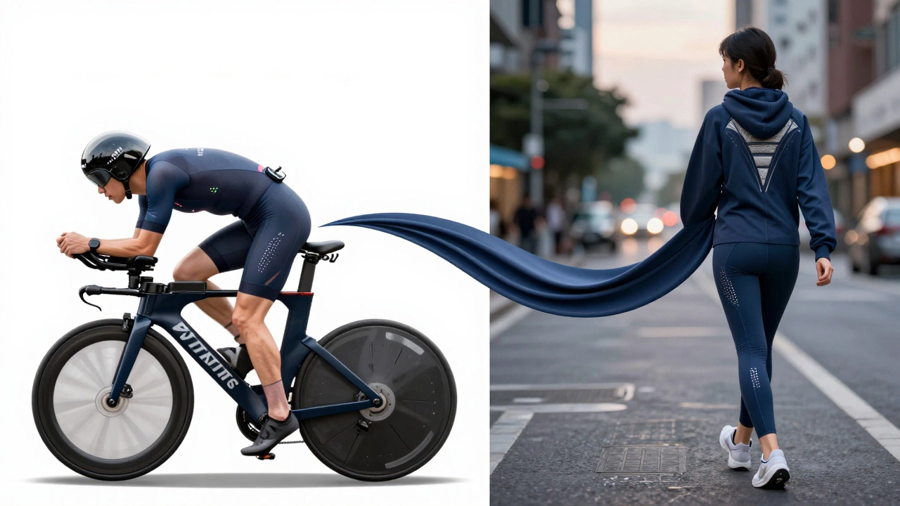 Split image showing athletic performance and casual athleisure connected by fabric.