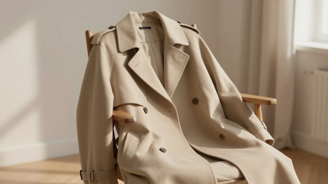 Tailored wool collarless trench coat draped on a wooden chair in a sunlit minimalist room.