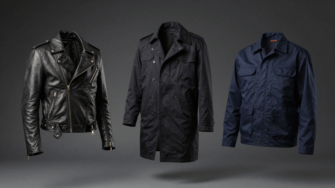 Three collarless jackets — leather, chore, and navy — floating against a charcoal background.
