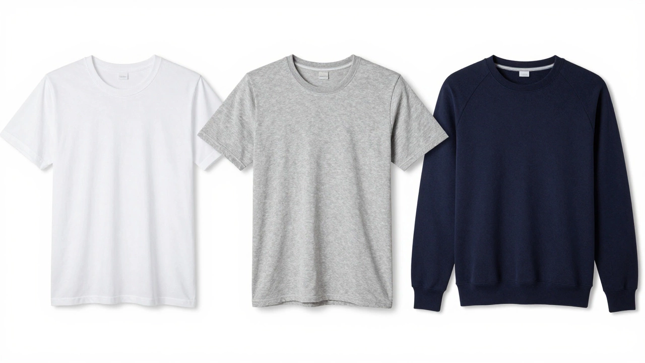 Three t-shirts side by side showing differences in fabric weight and stitching quality.
