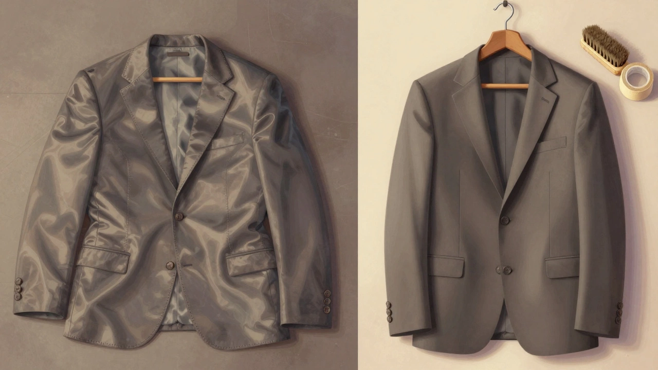 A comparison of a worn-out cheap suit versus a well-made 0 suit with details like real buttons and vent.