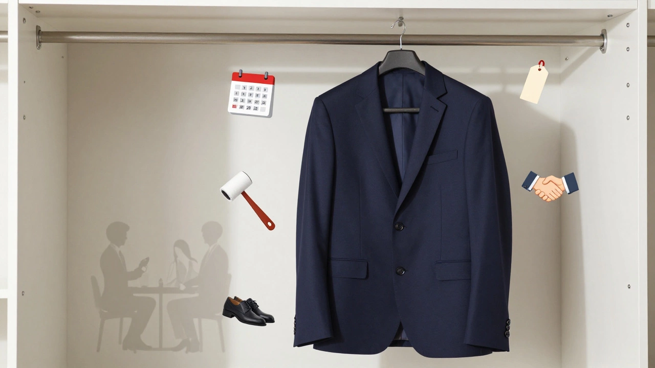 A navy suit hanging in a closet with icons representing longevity, care, and professional moments.