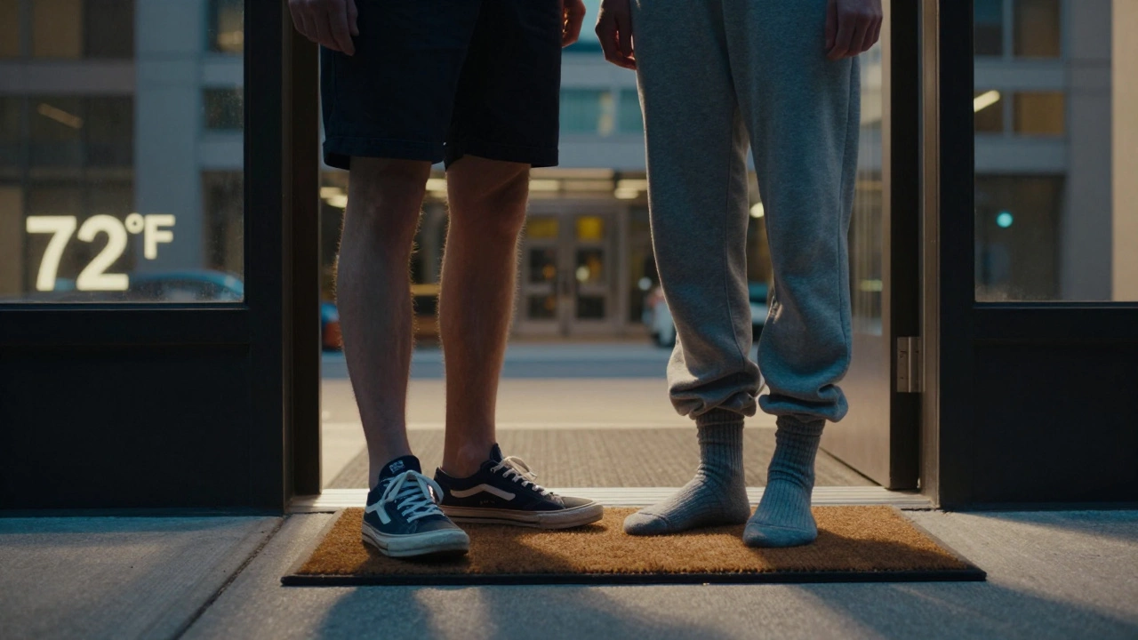 A person standing on a sidewalk, one foot in shorts, the other in socks, city lights behind.