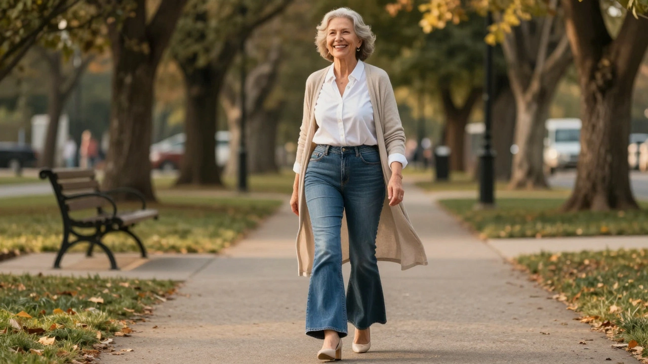 A woman in her 70s walking confidently in flare jeans and a cardigan, golden light filtering through trees.
