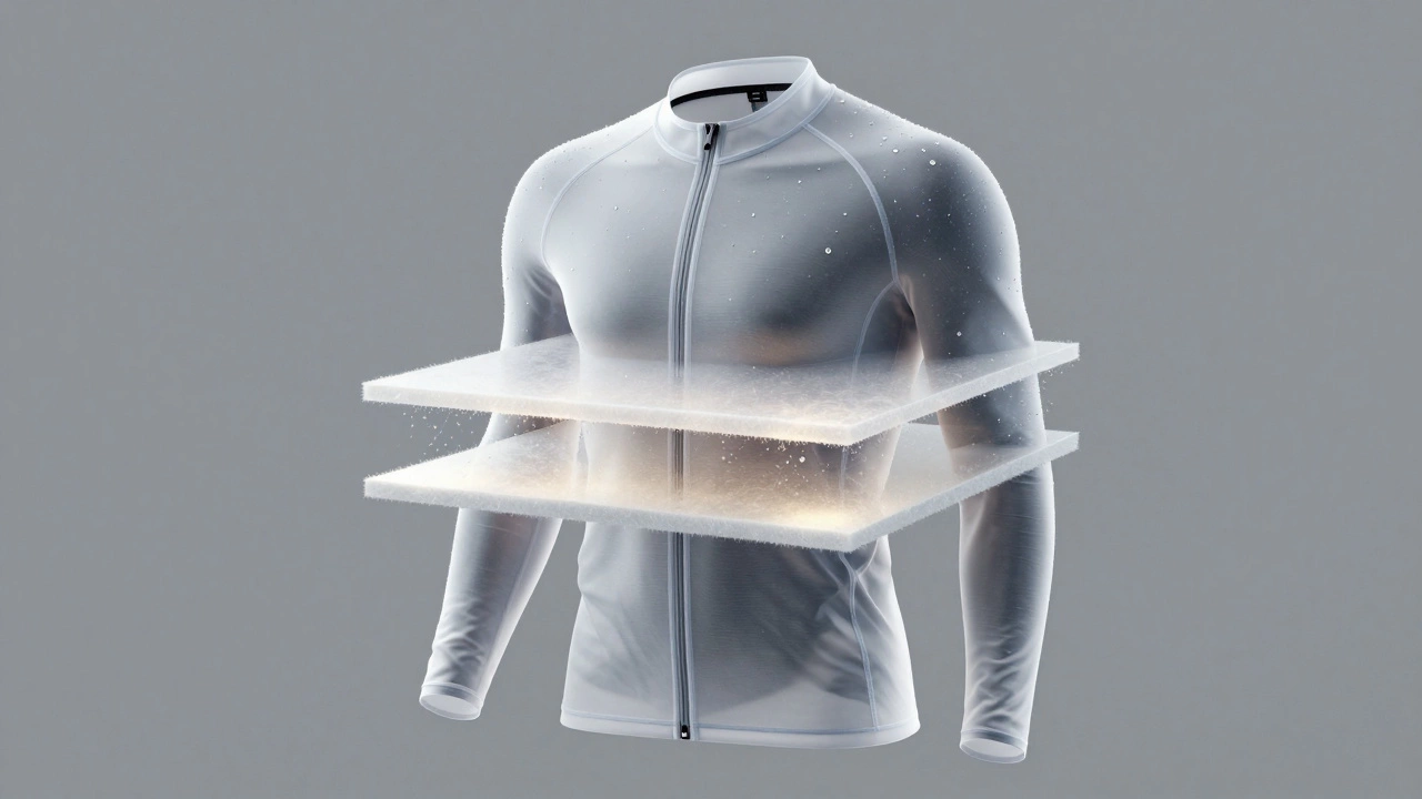 Layered sportswear system for cold weather training, showing base, mid, and outer layers.