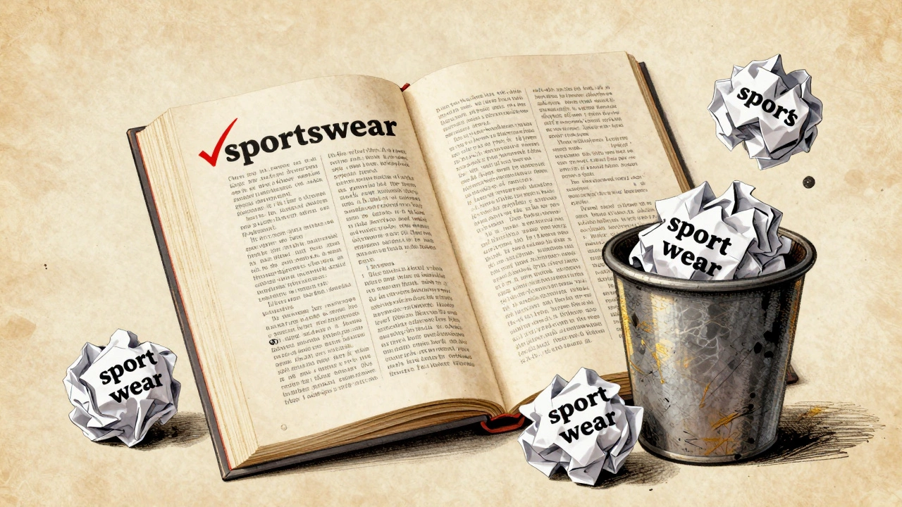 Open dictionary showing 'sportswear' as correct with misspelled versions discarded in trash.