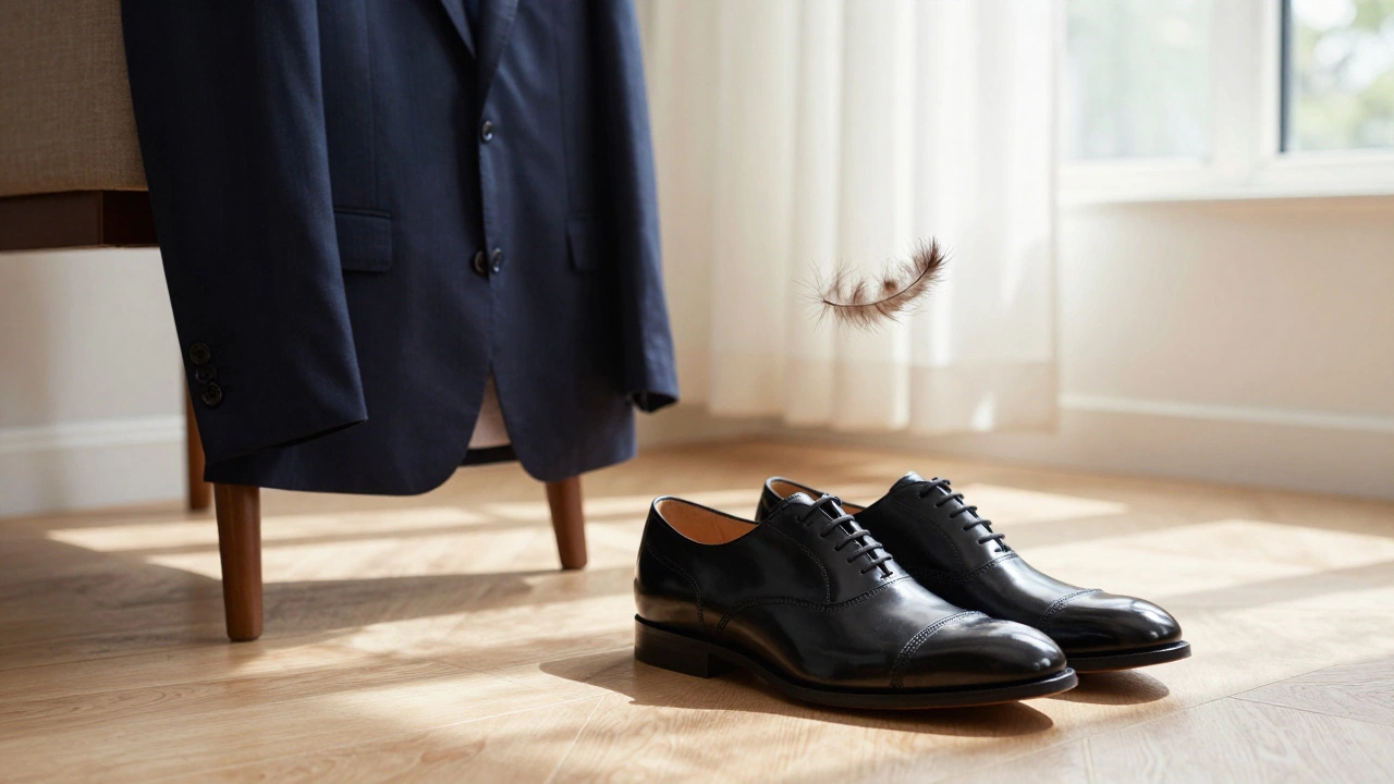 Polished shoes beside a suit jacket on a chair, with a wool fiber floating in sunlight.