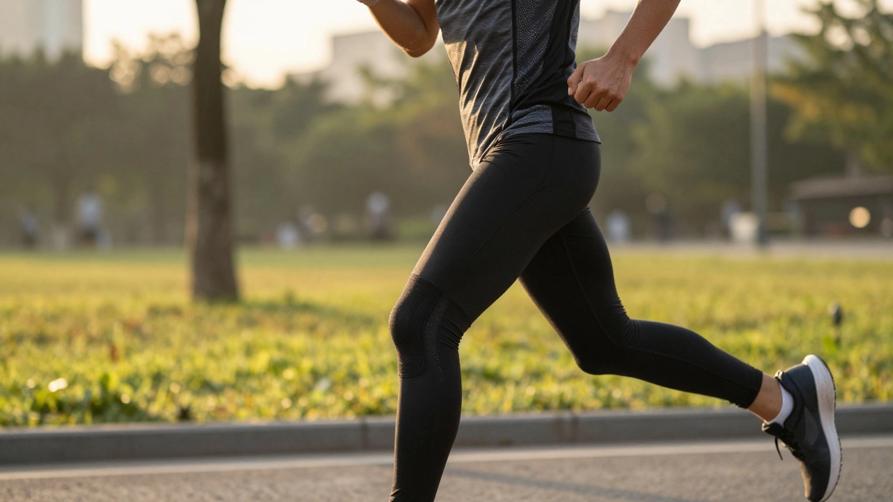Runner in compression gear mid-stride with breathable mesh panels visible.