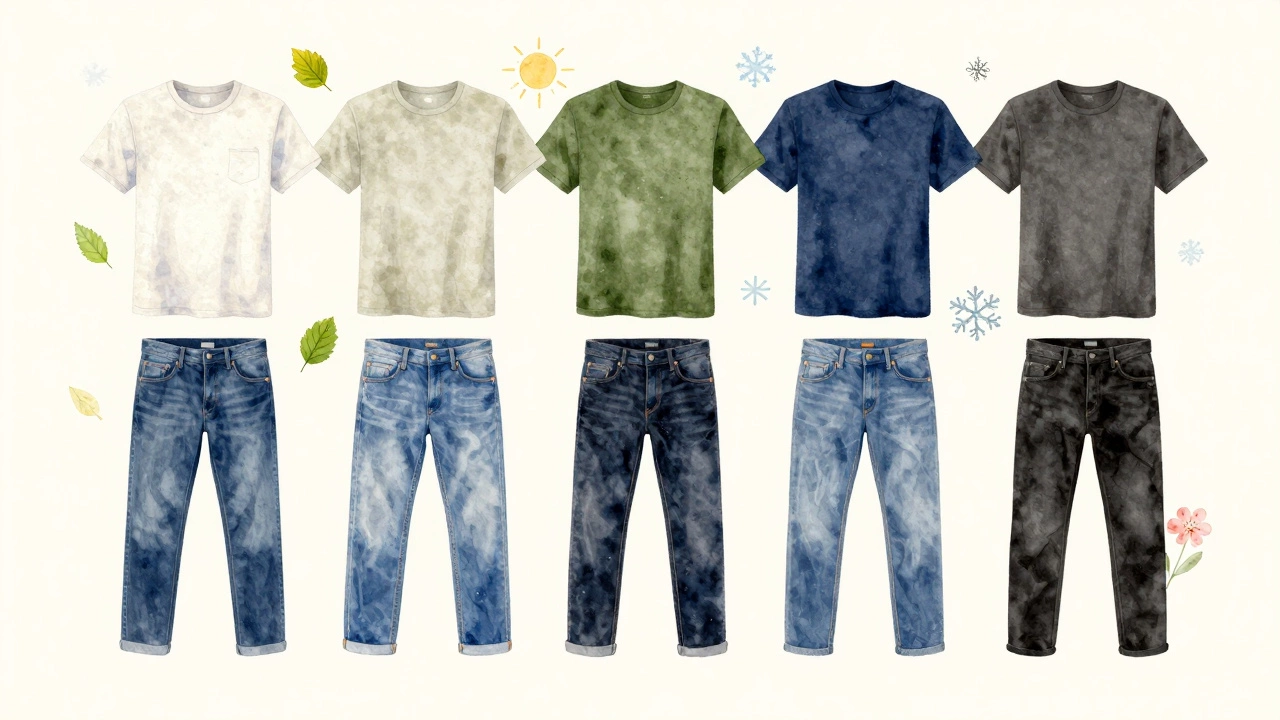 Seasonal t-shirt and jean combinations in soft watercolor tones.