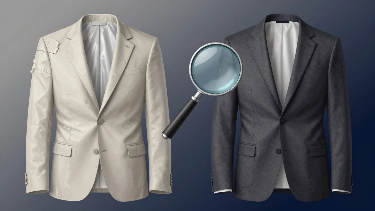 Side-by-side comparison of a cheap polyester suit and a high-quality wool suit under contrasting lighting.