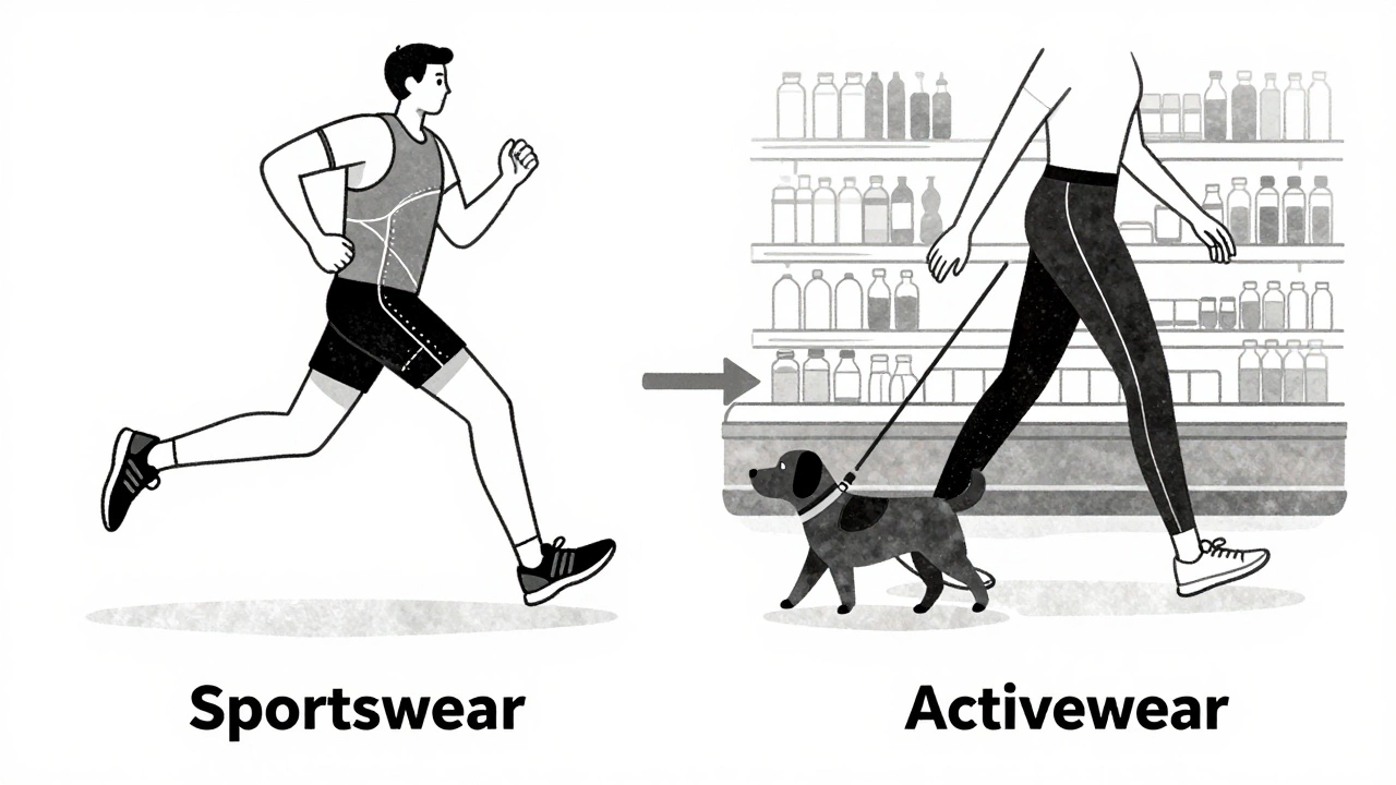 Split image showing performance sportswear on one side and casual activewear on the other.