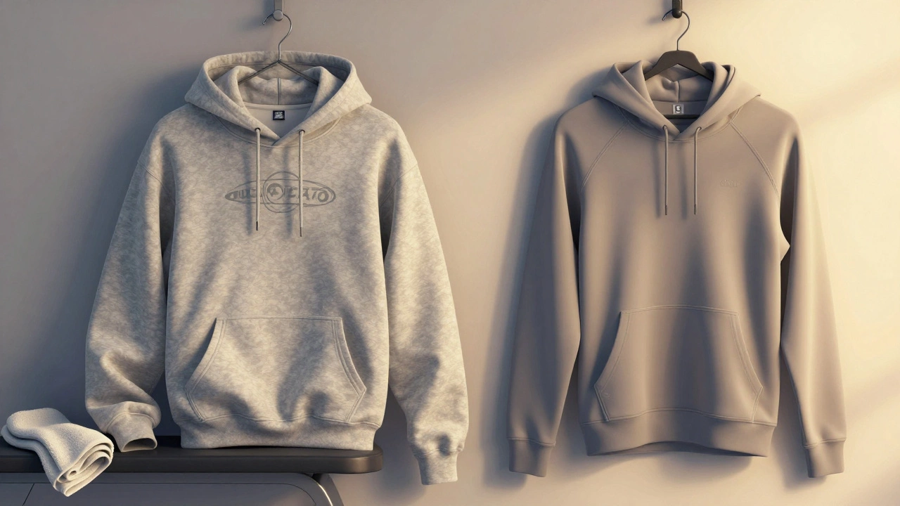 Two hoodies side by side: one casual cotton, one performance fabric, highlighting functional differences.