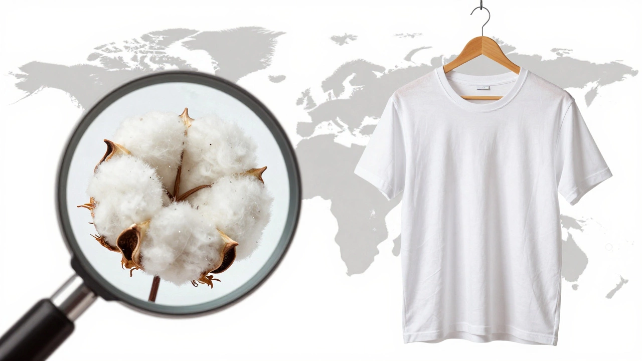 A magnified cotton fiber transitioning into a hanging crew neck t-shirt with factory silhouettes in the background.