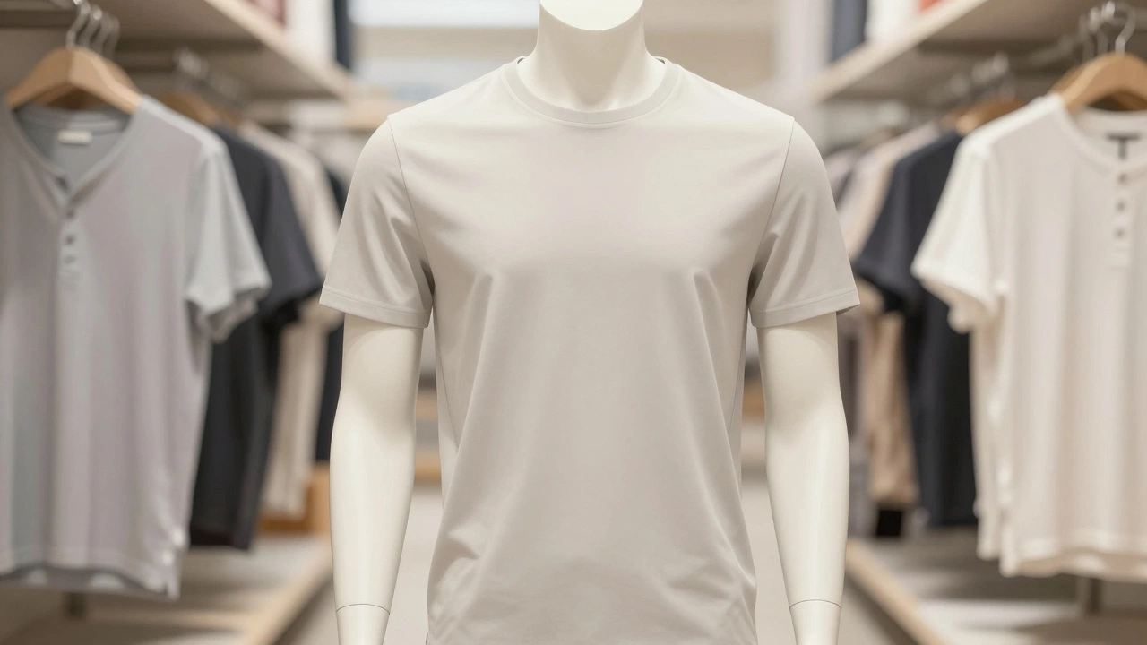 A minimalist mannequin wearing a crew neck t-shirt, with other t-shirt styles blurred around it.