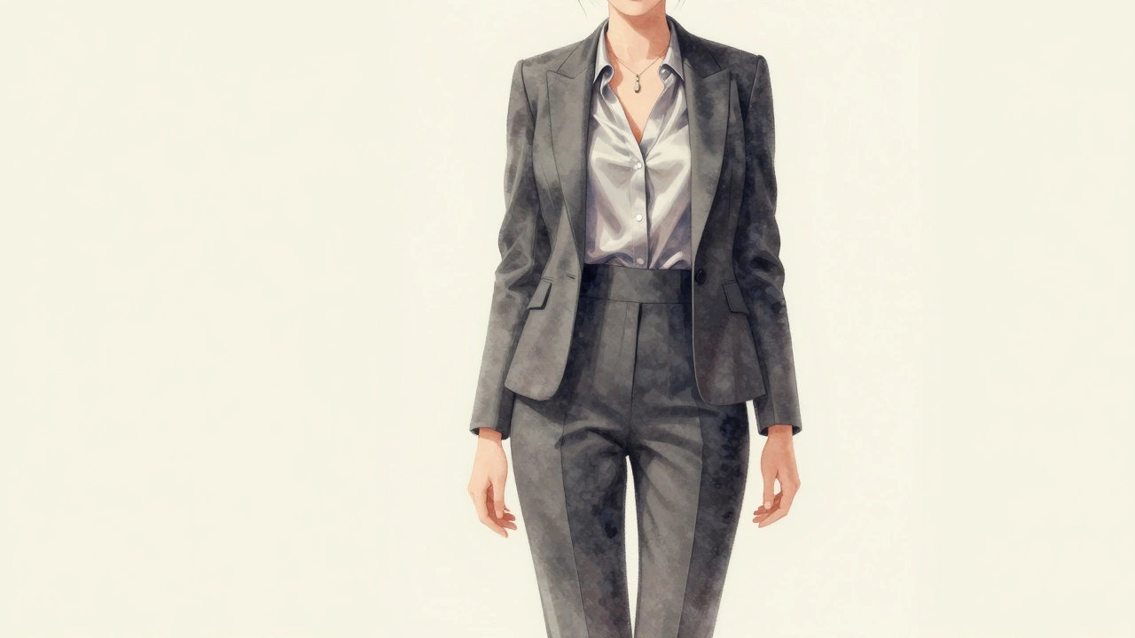Charcoal gray jumpsuit with silk blouse for business dinner