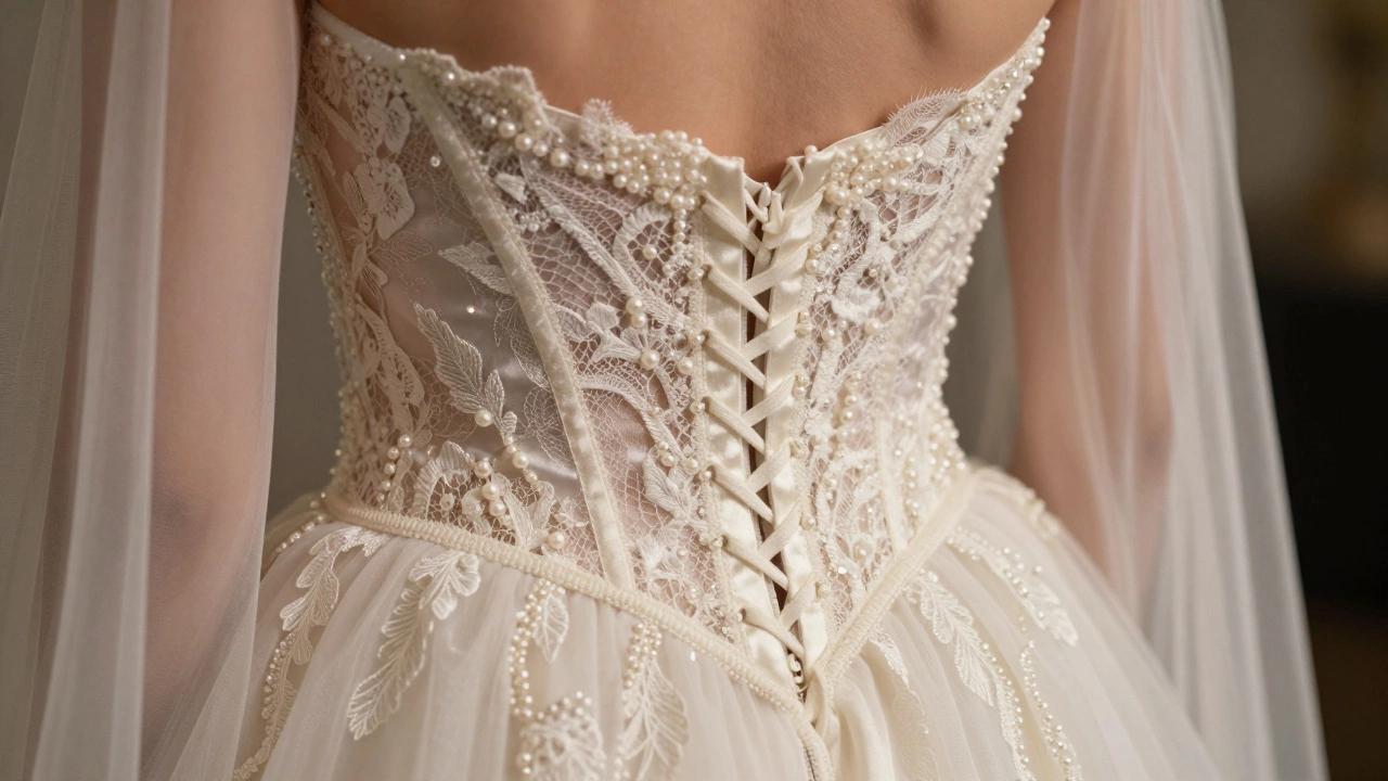 Close-up of an evening gown's back with lace-up corsetry and hand-sewn pearls, showcasing artisan craftsmanship.