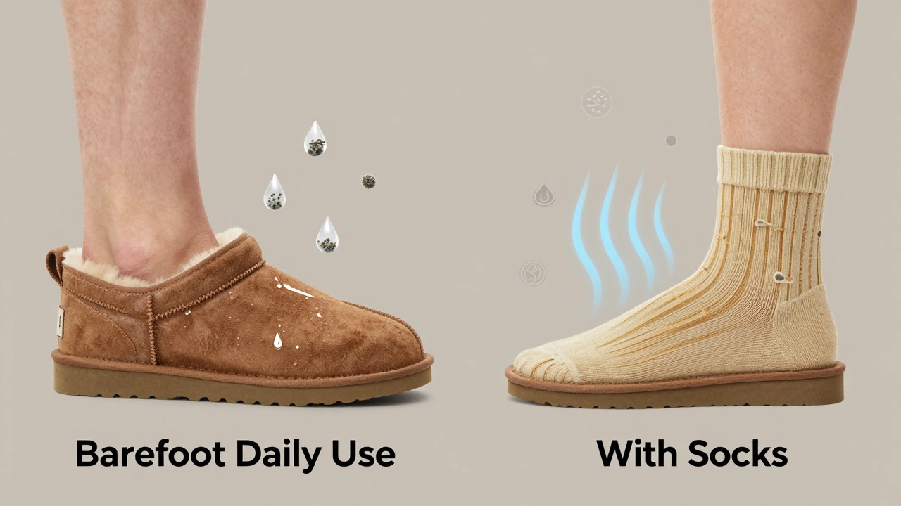 Comparison of barefoot vs. sock-worn UGGs with visual indicators of moisture and hygiene.