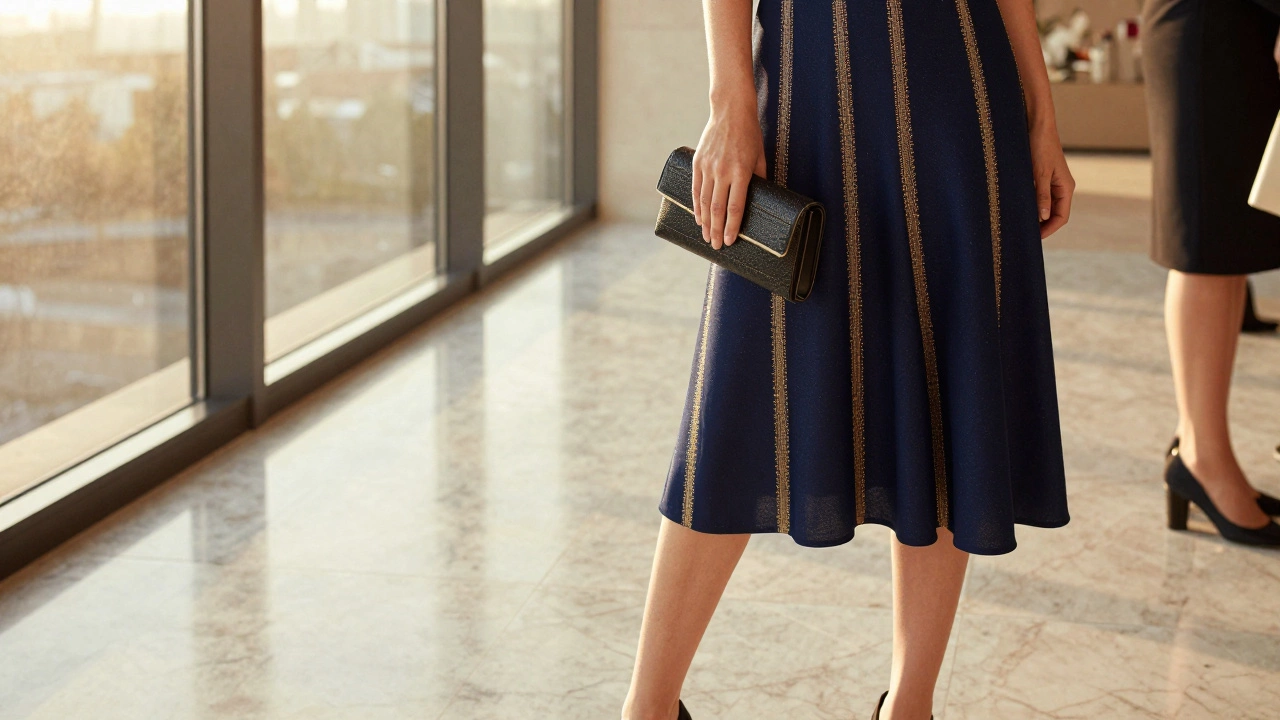 Navy midi dress with gold thread details at cocktail event