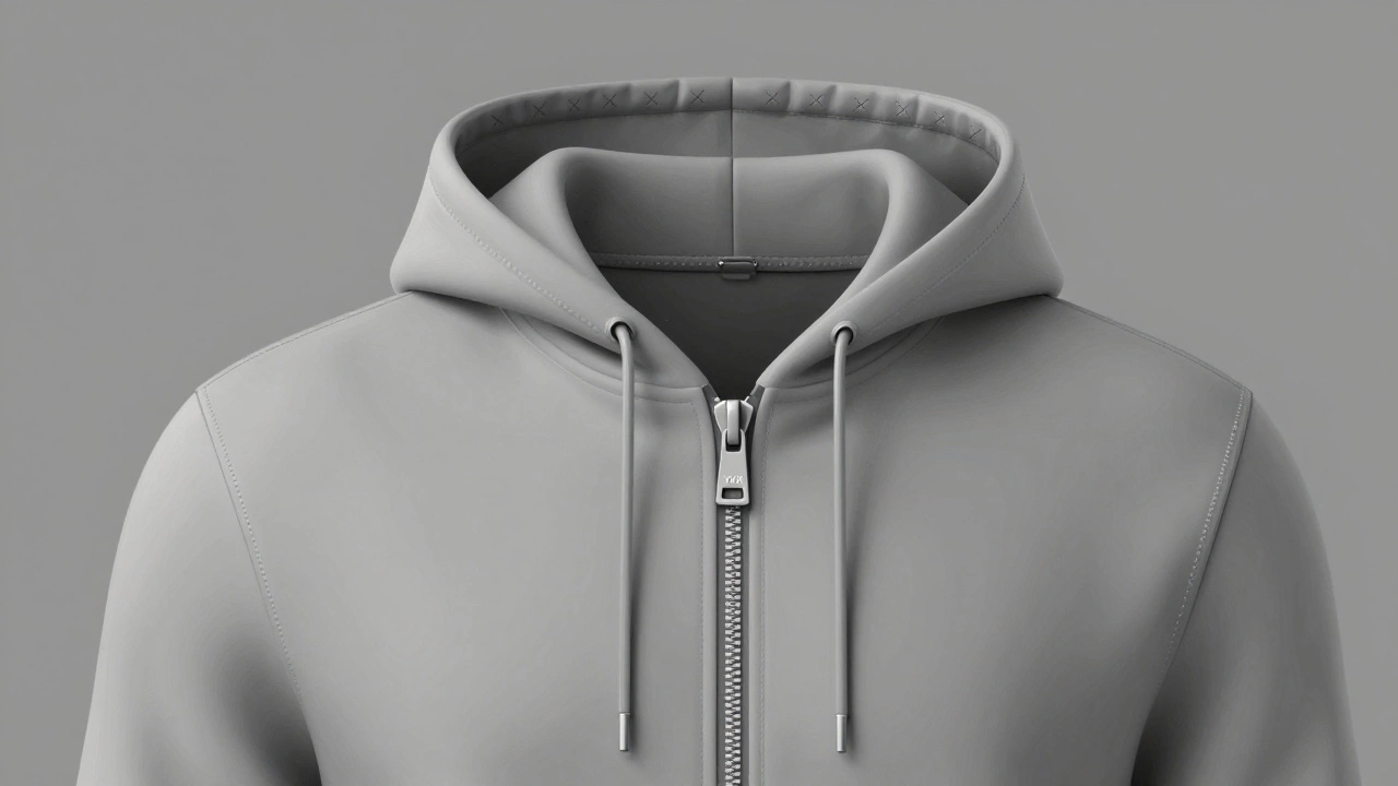Close-up of a high-quality hoodie's reinforced seams, bar tack stitching, and metal zipper detail.