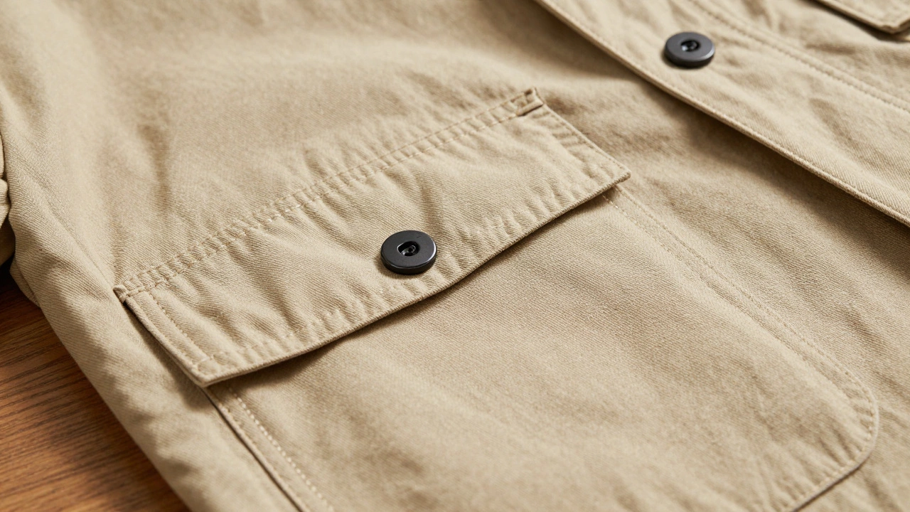 Close up of woven twill fabric and stitched pockets