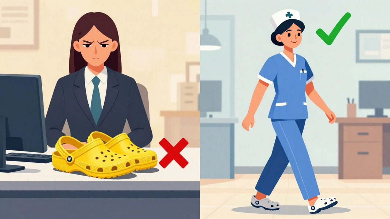 Contrasting perception of classic Crocs versus professional Crocs in workplace settings.