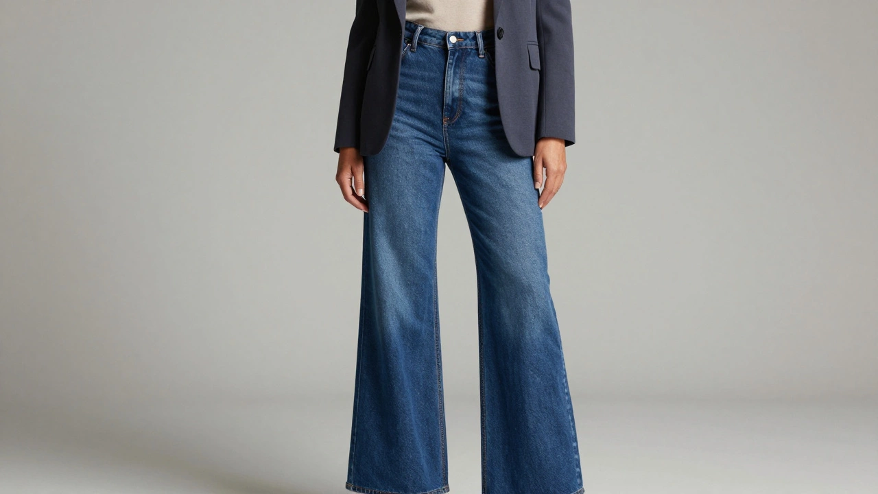 Mid-shot showing high-waisted denim fit and blazer.