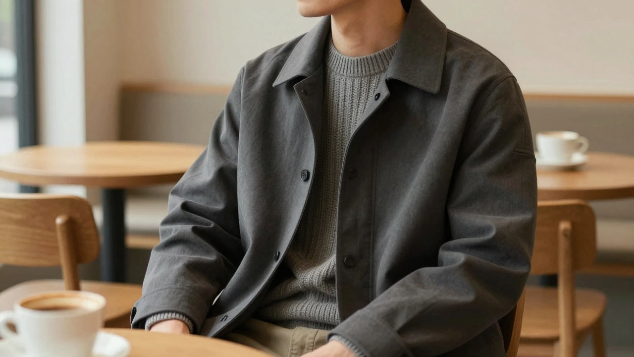 Person layering sweater under gray utility jacket indoors