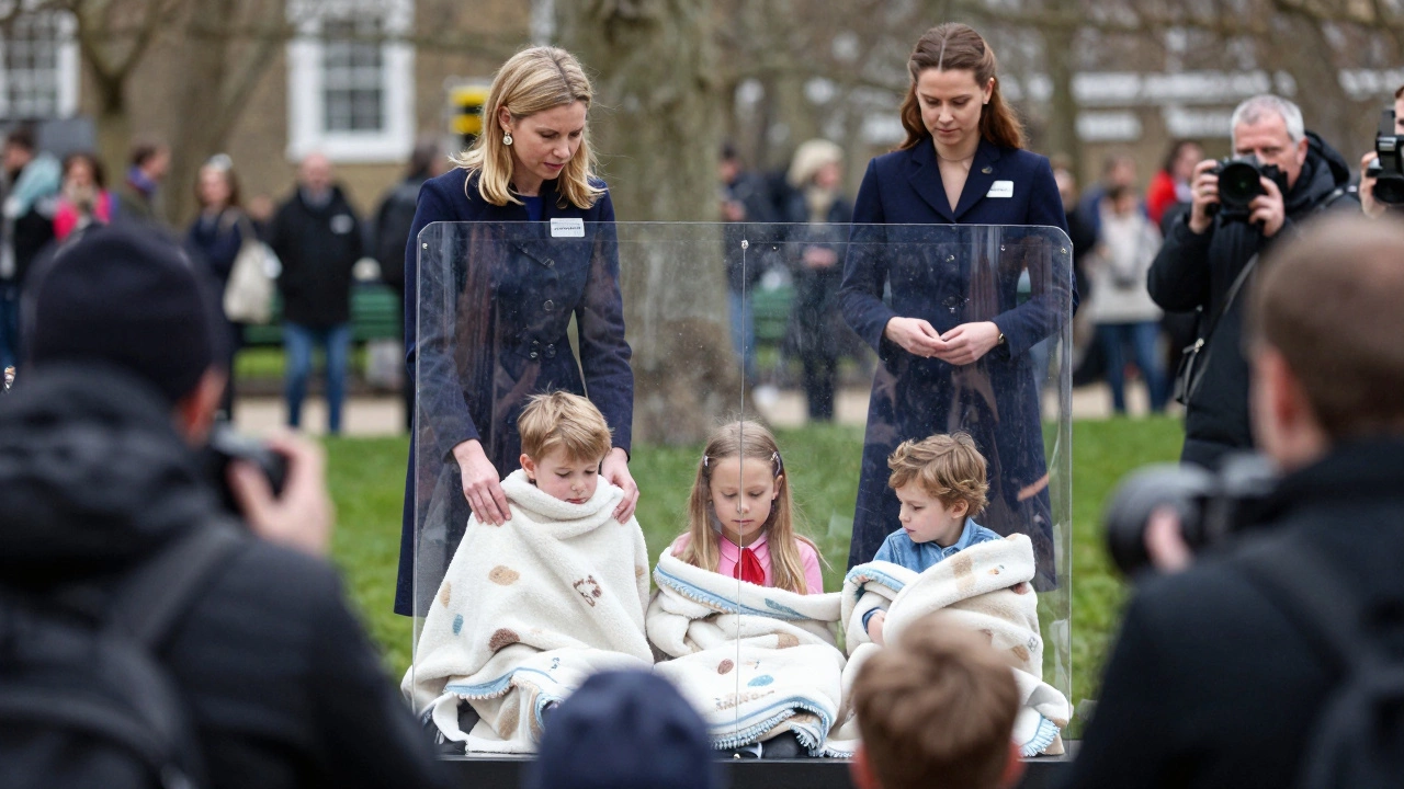 Royal nannies shield Prince George, Princess Charlotte, and Prince Louis from paparazzi in a park, symbolizing quiet protection amid public scrutiny.