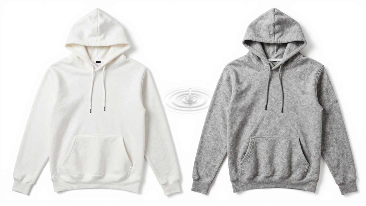 Side-by-side comparison of a durable hoodie versus a pilled, stretched one after washing.