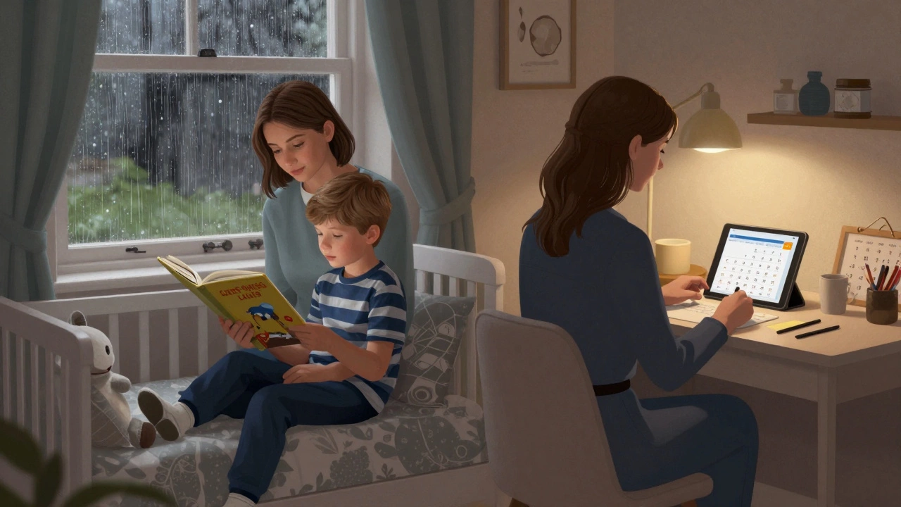 Two nannies manage childcare duties simultaneously — one reading to a toddler, the other organizing schedules — in a quiet palace nursery.