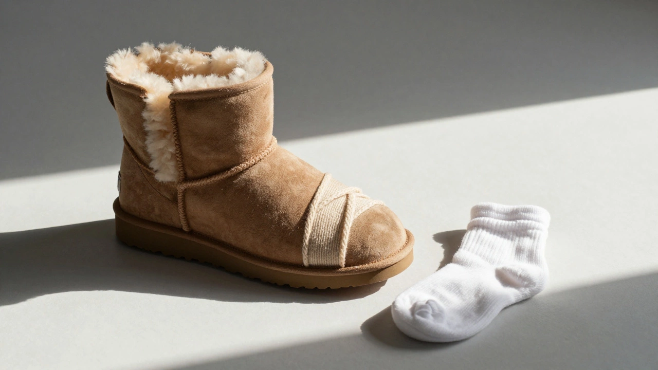 UGG boot with wool insole and thin foot wraps, discarded socks nearby